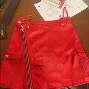 NWT Understated Leather Red Metallic Mini Skirt with Zipper Detail